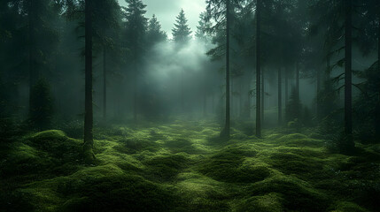 Obraz premium Misty forest with tall trees and green moss ground.