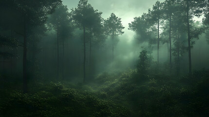 Misty forest with tall trees and lush green undergrowth.