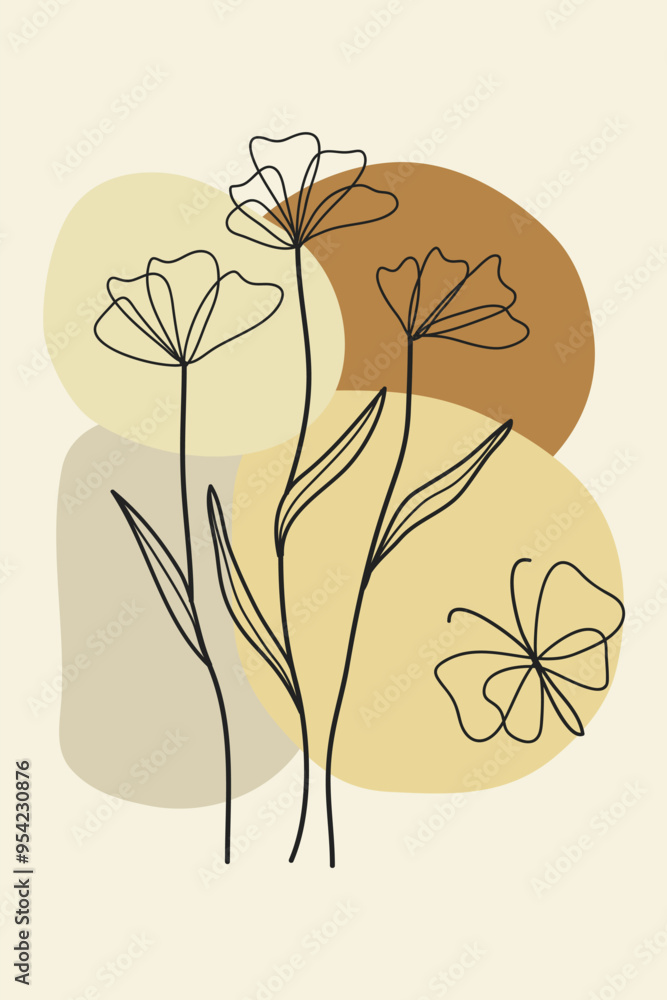 Poster abstract flowers and butterfly modern botanical boho single line art.vector illustration