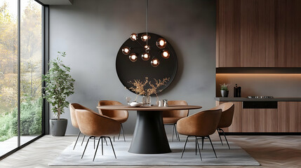 Modern dining room interior with a large round table and brown leather chairs, a round mirror with lights, and a potted plant, next to a kitchen with wooden cabinets.