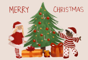 Ilustración merry christmas de árbol de navidad con regalos envueltos, esferas, bastones y niños con ropa navideña sin fondo