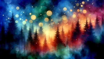 Fototapeta premium Abstract depiction of a forest at dusk tall dark evergreen trees against a colorful background. The scene is illuminated by numerous glowing orbs of light in warm hues of orange yellow and cool blues 
