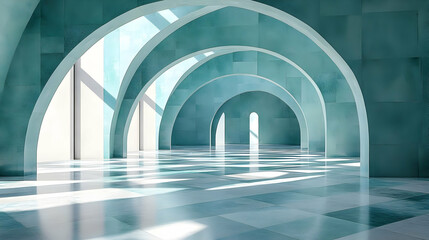 Modern hallway with arches, blue walls, and light reflecting off the floor.