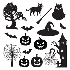 Silhouette Halloween element collection black on white background.