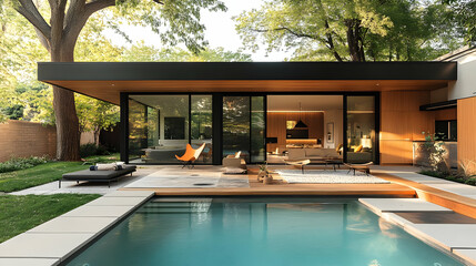 Fototapeta premium Modern house with a swimming pool and patio furniture.