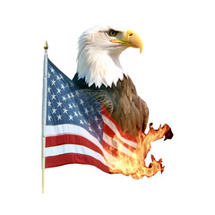 Bald eagle with burning American flag isolated on transparent background. Patriotic concept for 4th of July, Labor Day, Memorial Day. Watercolor illustration for design logo, banner, poster, sticker