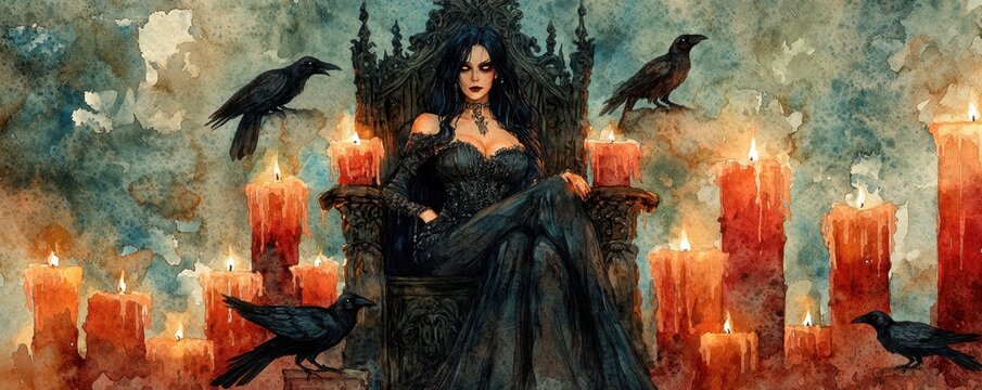 Vampire queen sitting on a gothic throne, surrounded by candles and ravens, watercolor, regal and mysterious, warm and cool tones, copy space for text