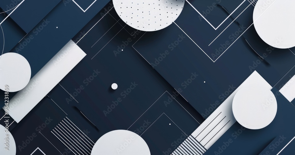 Poster abstract geometric design featuring circles and lines in a dark color palette.