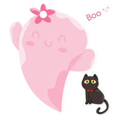 Cute Kawaii Pink Halloween Ghost Cartoon Perfect. Get into the Halloween spirit with this flat vector illustration.