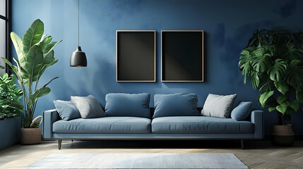 Modern living room interior with blue sofa, two framed pictures, and plants.
