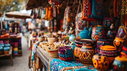 Colorful Pottery and Woven Goods at a Traditional Market