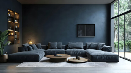 Modern living room with a dark blue wall and large sectional sofa.