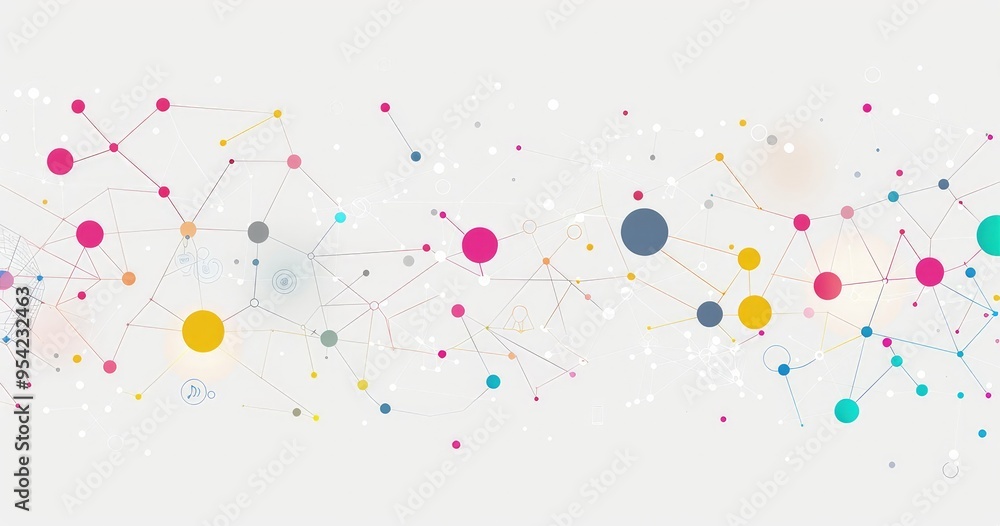 Poster abstract network design featuring colorful nodes and connections on white background