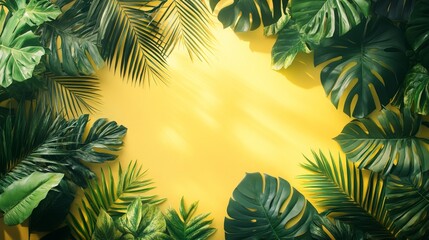 Obraz premium Lush Green Tropical Leaves Surrounding a Yellow Background