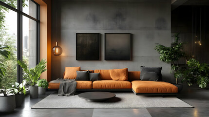 Modern living room with an orange sectional sofa, two black framed paintings, and large windows.