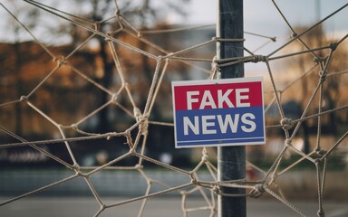 fake news sign in the middle of a tangled web of thin ropes symbolizing disinformation spread - misinformation, media manipulation, social influence
