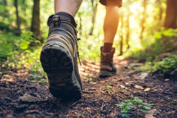 Fototapeta premium Close-Up of Hikers Boots on Forest Trail with Sunlight Filtering Through Trees in Summer