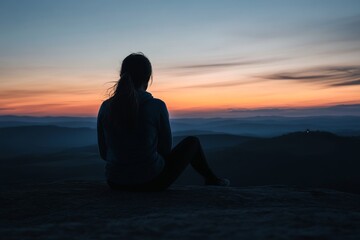 Silhouette of a person sitting on a mountaintop during a serene sunset overlooking distant hills