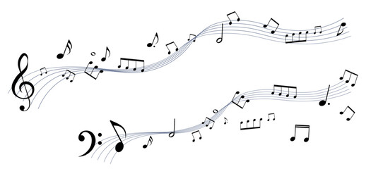 遠近感のある楽譜のフレームイラスト　五線譜　背景イラスト　音符、音楽記号のイラスト © gelatin