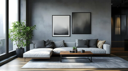 Modern living room with sectional sofa, grey walls, and two framed abstract prints.
