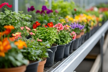 Obraz premium Vibrant flower display in a greenhouse showcasing a variety of colorful blooms during springtime. Generative AI