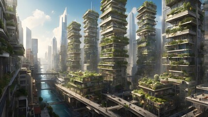 Obraz premium Futuristic Cityscape with Green Roofs and Skyscrapers