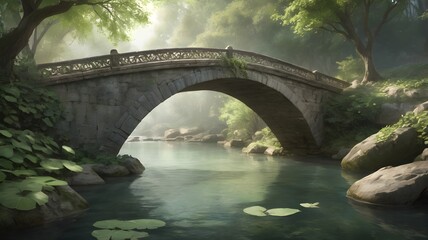 Fototapeta premium Stone Bridge Over Tranquil River in Misty Forest