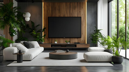 Modern living room with white sofa, large TV and plants.