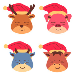 Collection of various cute animals wearing Christmas hats in flat cartoon style. Vector deer, pig, buffalo, and horse celebrating Christmas