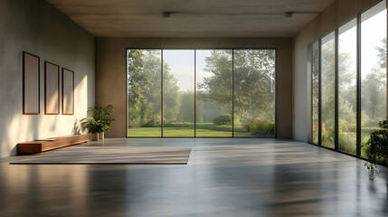 Fototapeta premium Modern minimalist living room with large windows overlooking a lush garden.