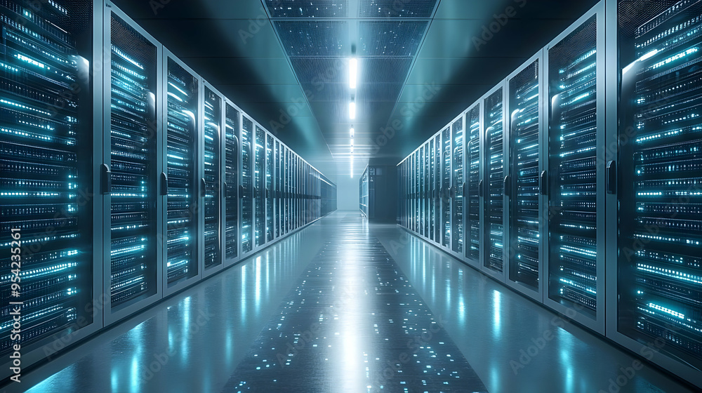 Poster modern server room with rows of lit server cabinets.