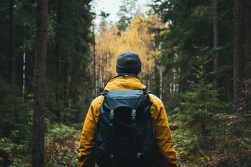 Fototapeta premium Man Hiking in Autumn Forest with Backpack on Overcast Day in Nature