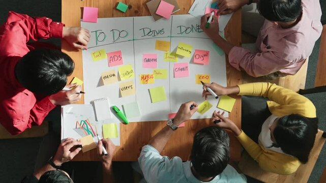 Time lapse of people writing and making scrum task board while writing marketing and planning strategy at colorful sticky notes. Smart team manage work performance by using kanaban board. Convocation.