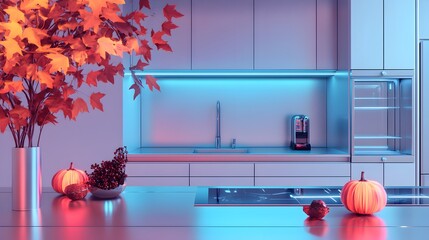 Modern Kitchen Interior with Autumn Decorations and Neon Lights