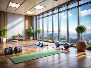 Sleek and modern exercise space with a yoga mat, dumbbells, and resistance bands set against a calming backdrop
