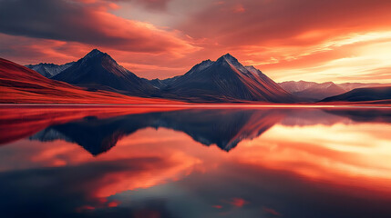 Fototapeta premium Mountain reflection in a still lake at sunset.