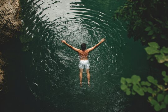 Aerial View of Man Swimming in Clear Water Surrounded by Greenery in a Tropical Location