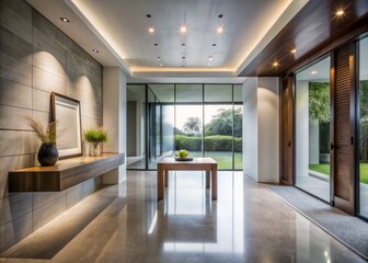 Fototapeta premium Sleek, high-ceilinged entryway features recessed lighting, polished concrete floors, and a minimalist floating console