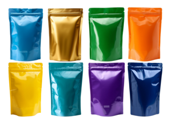 Collection Azure mylar stand up Pouch Isolated on transparent or white background