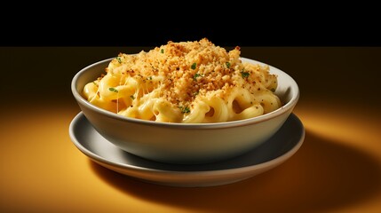 A creamy bowl of mac and cheese with crispy breadcrumbs.