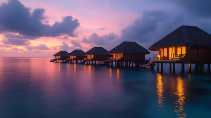 Fototapeta premium Overwater bungalows at sunset with the water reflecting the pink sky and the lights of the bungalows.
