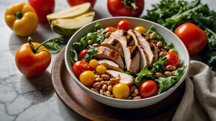 White ceramic bowl filled with colorful and healthy meal