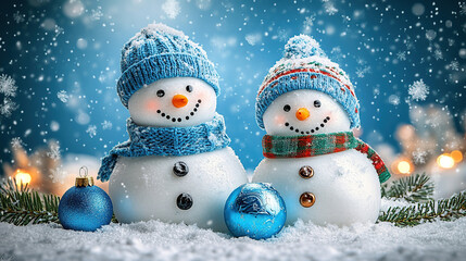 Photo of happy snowmen with blue hats and scarves, standing in a white
