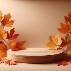 Empty wooden product podium with autumn leaves on beige background