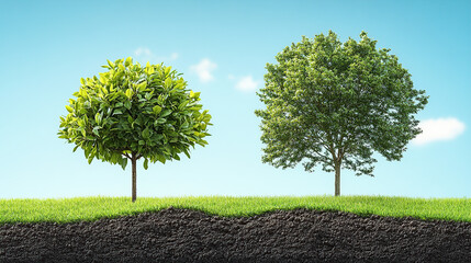 Obraz premium Two trees growing on top of dirt with a green grass background