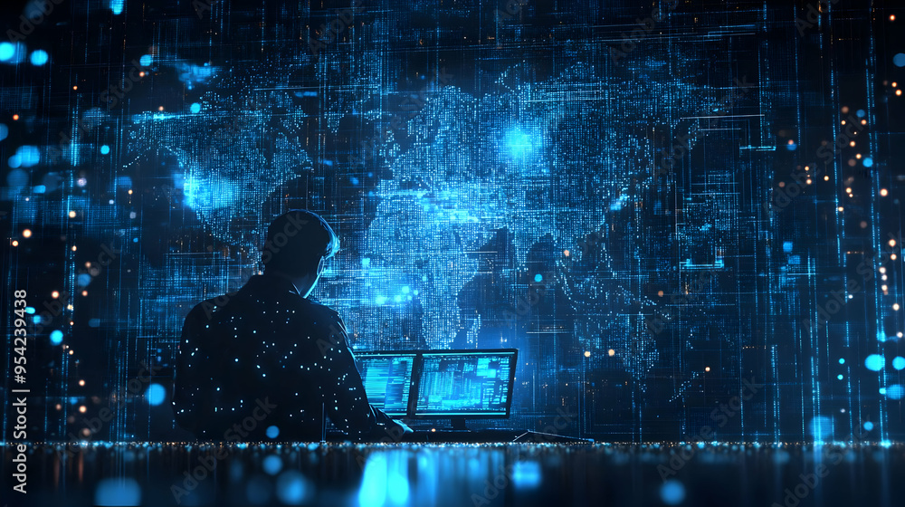 Poster person working on computer in front of a digital world map.