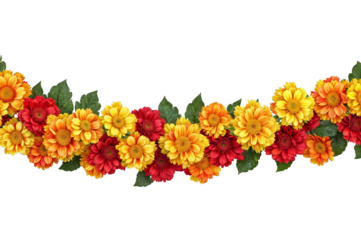 Orange and red marigold flowers isolated on transparent background. Chinese mid autumn festival or toran Indian traditional Diwali decoration. Symbol of mexican holiday Day of dead