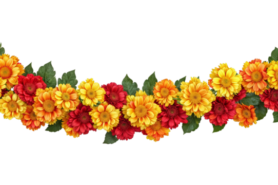 Orange and red marigold flowers isolated on transparent background. Chinese mid autumn festival or toran Indian traditional Diwali decoration. Symbol of mexican holiday Day of dead