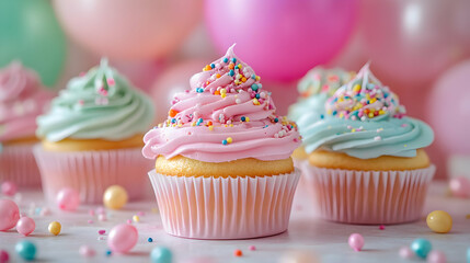 Pink and Green Cupcakes with Sprinkles on a Table with Balloons in the Background.