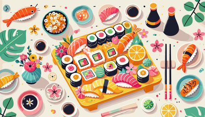 Colorful Japanese Tempura and Sushi
Vector illustration.